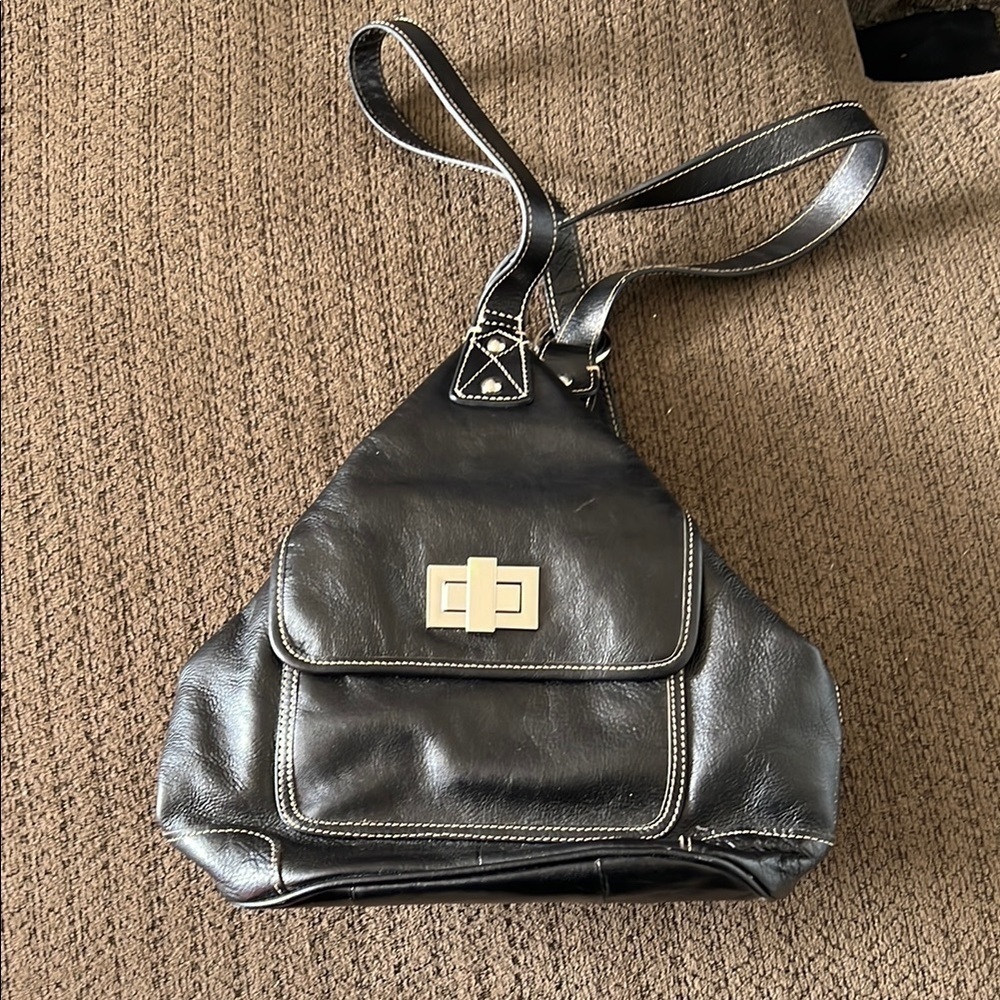 Black Faux Leather Sling Backpack Bag Contrast Stitch Purse
